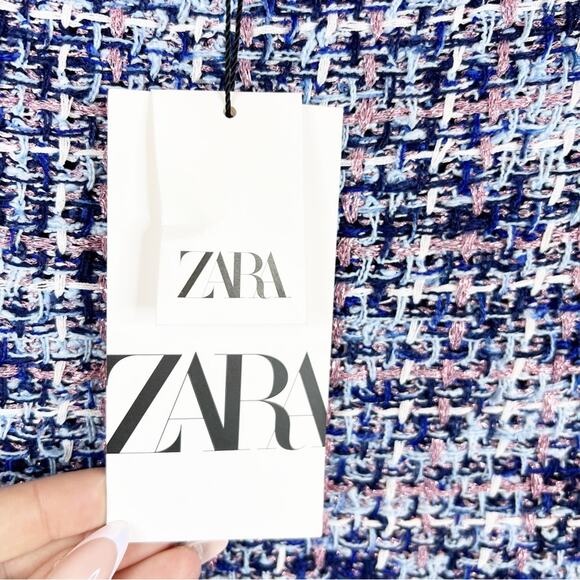 NWT ZARA Frayed Tweed Off the Shoulder Frayed Top S Blue - Picture 8 of 9